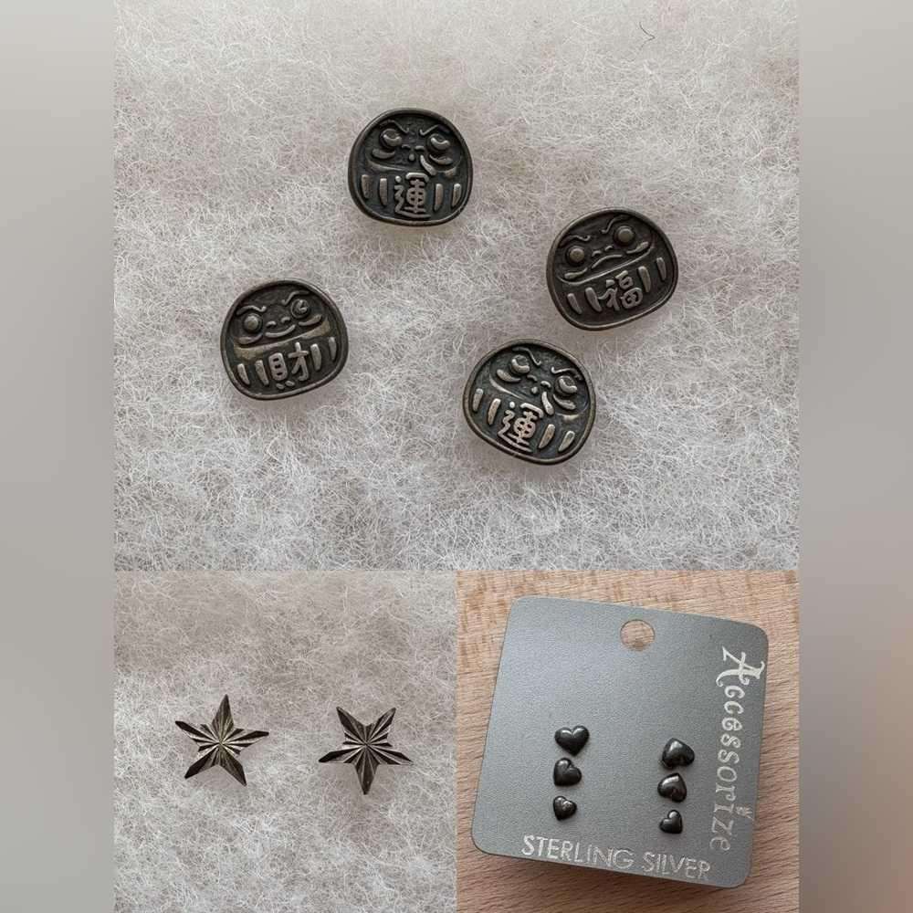 Sterling Silver Stud Earrings 6 pairs Unisex Asian Doll characters stars heart